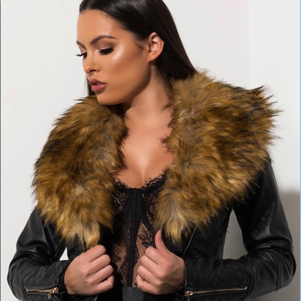 Black Leather Look Faux Fur Motorcycle Jacket
